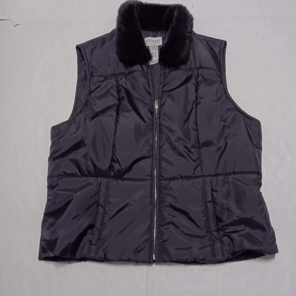 VILLAGER faux fur collar black puffer vest, XL